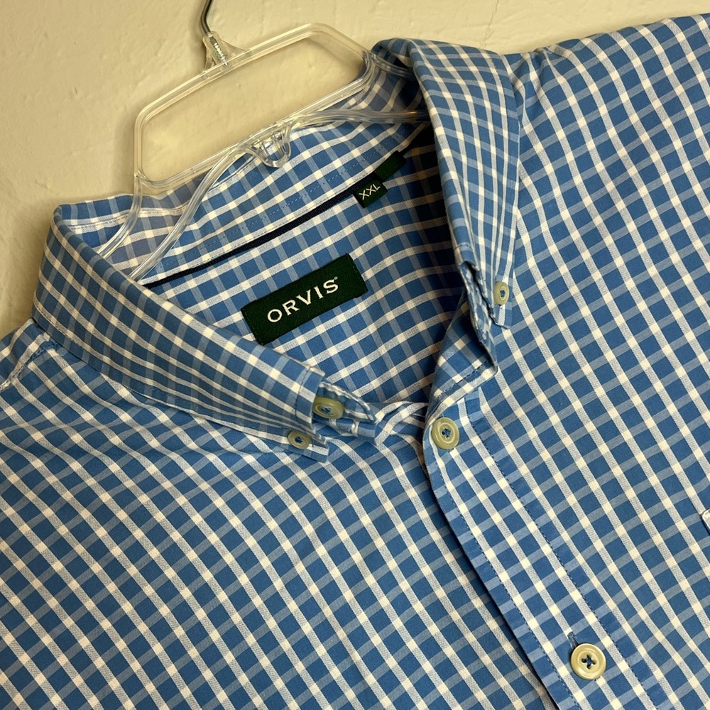 Orvis Men's XXL Long Sleeve Button Down Up Cotton Blue White Checked Shirt